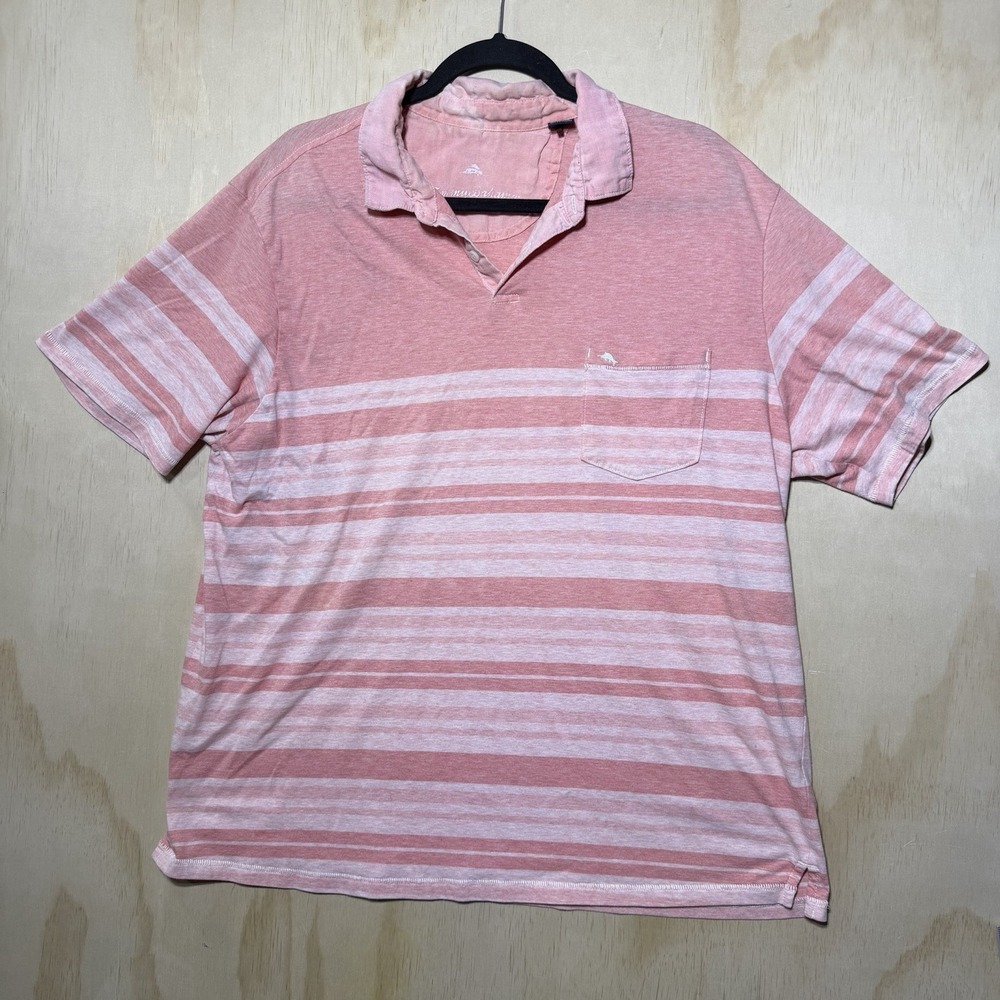 Tommy Bahama Polo Shirt Mens XL‎ Pink Striped Short Sleeve Casual Cotton